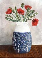 Poppy and hollyhock bouquet in delphic blue vase with almond blossom