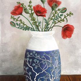 Poppy and hollyhock bouquet in delphic blue vase with almond blossom by Anna van Balen