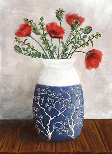 Bouquet de coquelicots et de roses trémières dans un vase bleu delft avec fleurs d'amandier sur Anna van Balen