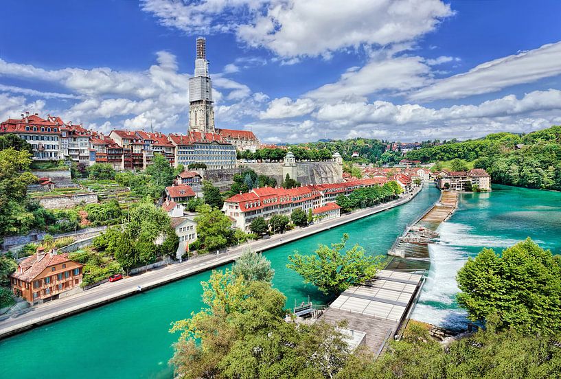 Old town with green canal and blue sky, Bern, Switzerland by Tony Vingerhoets