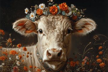 Bloemendecoraties en boerenidylle: een koe met een bloemenkrans als toonbeeld van landelijke schoonheid van Poster Art Shop
