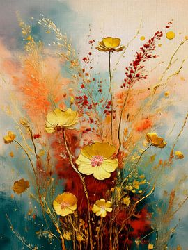 Gouden herfst schilderij: Bloemen en grassen van Studio Pieternel