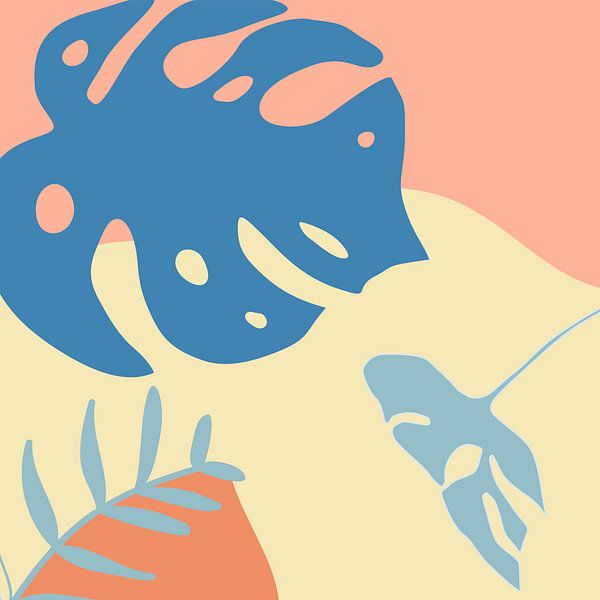 Sommerzeit. Tropische botanische abstrakte Blätter in Terrakotta, Blau und Gelb Nr. 10 von Dina Dankers