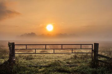 In the morning.......... Fence during sunrise in the fog by R Smallenbroek