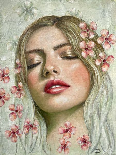 femme les yeux fermés avec des fleurs dans son par Dominique Clercx-Breed