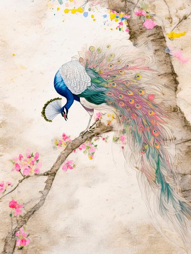 Elegantes Japandi – Farbenprächtiger Pfau auf einem Blütenzweig im orientalischen Stil