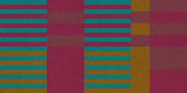 Geometrisches Retro-Muster. Bauhaus-Stil. Formen in Lila, Ocker, Teal. von Dina Dankers