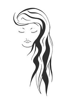 Black-and-white drawing of face of woman with long hair by Wandersti