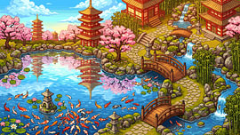Pixelkunst: Verzauberter japanischer Garten mit Koi-Brücken von my pixel art