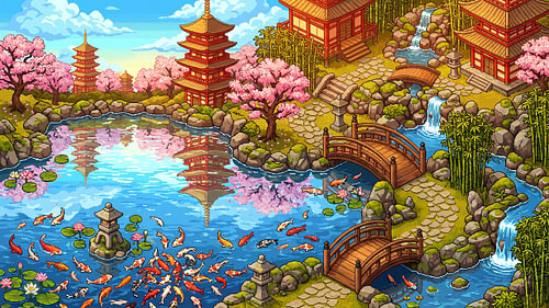 Pixel art : Enchanted Japanese Garden With Koi Bridges