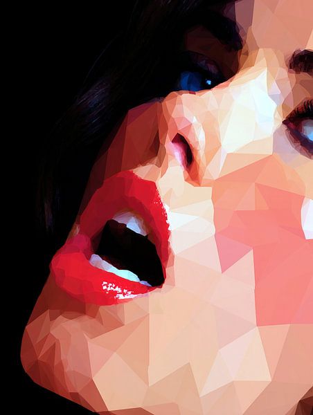 Polygonal portrait of a woman with red lips by Frank Heinz