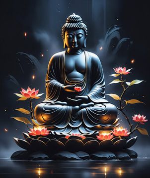 asiatische Aquarell-Tintenmalerei Buddha-Statue mit Blumen von Markus Gann