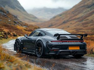Porsche 911 GT3 noire dans les Highlands