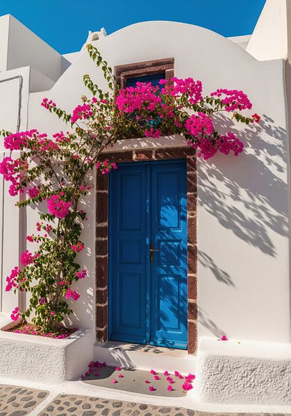 Blue Door with Pink Bougainvillea on White Building by Markus Gann