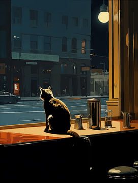 Kattenkunst in de stijl van Edward Hopper van Vincent the Cat