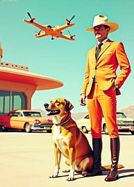 Ein Mann und ein Hund, retro-futuristische Szene von Artkreator