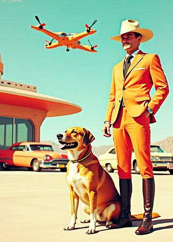 Een man en een hond, retro-futuristische scène