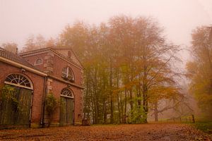 Herfstbos in mist met oud koetshuis van Ideasonthefloor