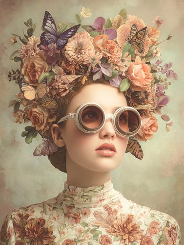 Verträumtes Porträt mit Blumen und Schmetterlingen