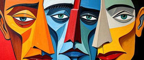 Mannelijke gezichten: perspectieven samenvoegen - expressieve mannelijke gezichten in kubistische composities en een levendige verscheidenheid aan kleuren