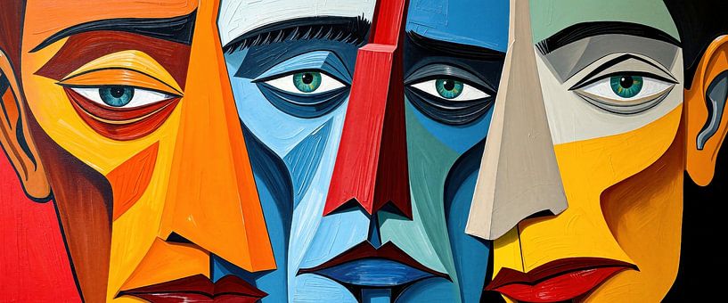 Mannelijke gezichten: perspectieven samenvoegen - expressieve mannelijke gezichten in kubistische composities en een levendige verscheidenheid aan kleuren van AidasignArt