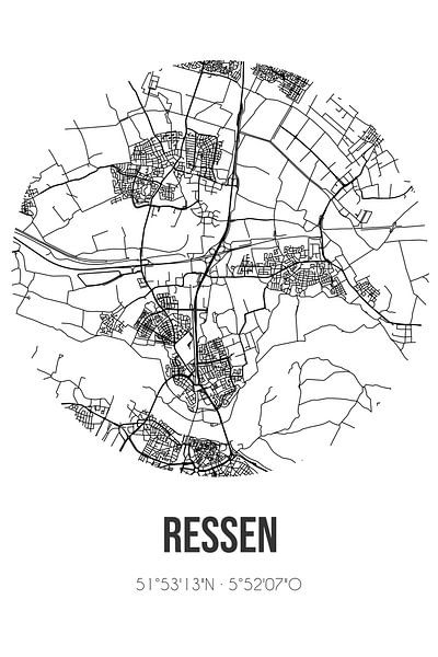 Ressen (Gelderland) | Map | Black and white by Prints of Place