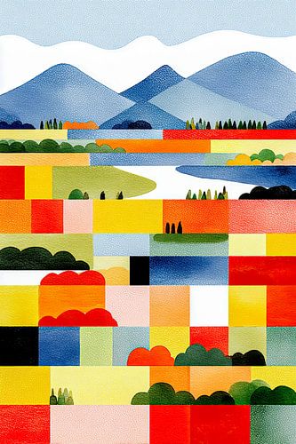 Paysage géométrique avec des montagnes, de l'eau et des champs colorés
