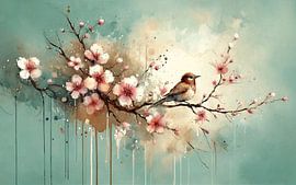 Bird Resting on Cherry Blossom Branch by Chromatic Fusion Studio