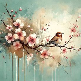 Vogel auf Kirschblütenzweig ruhend von Chromatic Fusion Studio