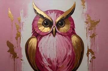 Abstract gold and pink owl painting by De Muurdecoratie