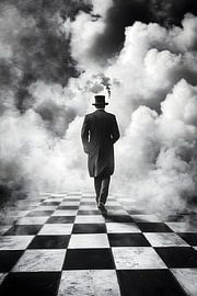 surrealism man in dinner jacket on endless chessboard