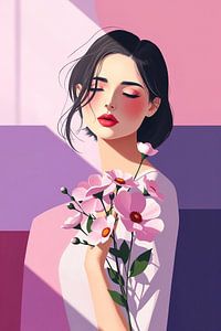 Femme avec des fleurs à la main rose/mauve