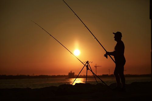 Visser bij zonsondergang aan Punta Sabbioni Italie