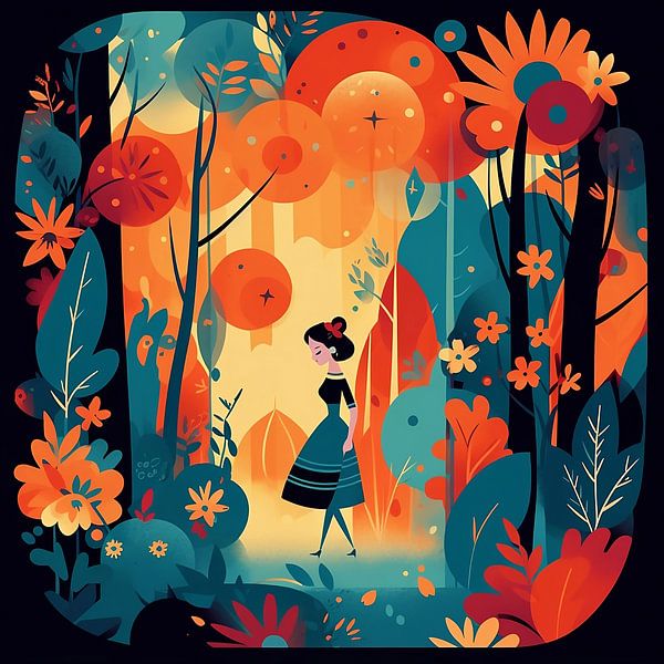 Fille dans la forêt, style automne Mary Blair par Jan Bechtum