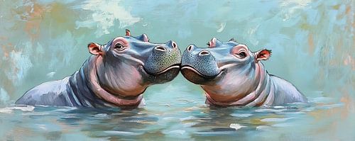 Hippopotamuses | Two Hippopotamuses in the Garden by Eye catching paintings