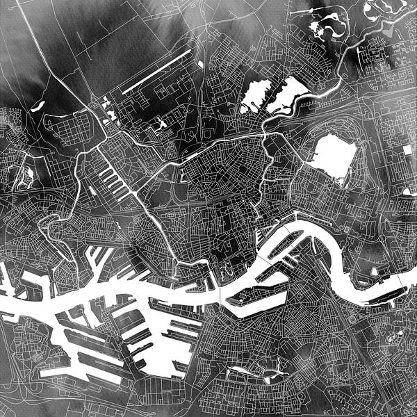 Rotterdam | Plan de ville noir aquarelle | Comme carré ou cercle mural sur Wereldkaarten.Shop