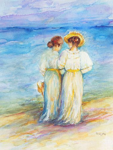 Promenade du soir sur la plage . (aquarelle)