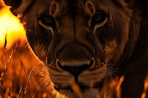 Leeuw close-up bij zonsondergang