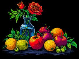 A fun coloured still life with a red rose and fruit by The Photo Artist