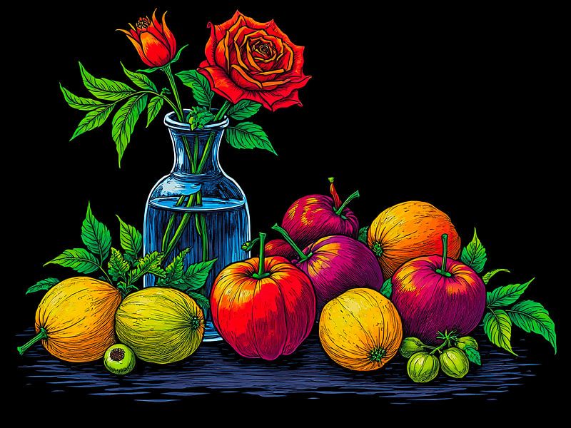 Een leuk gekleurd stilleven met een rode roos en fruit van The Photo Artist