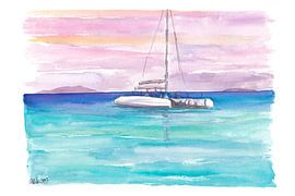 Sailing catamaran glides along the turquoise-coloured horizon of Barbados by Markus Bleichner