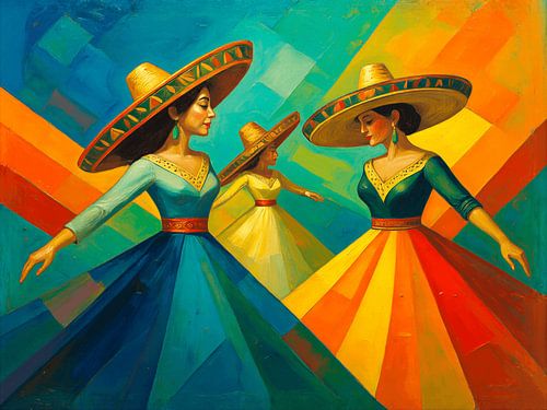 Kleurrijke Mexicaanse danseressen in kubistische stijl