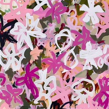 Chaotische en Levendige Bloemencompositie in Roze en Wit van Color Square