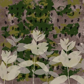 Abstract botanisch. Bladeren in wit op groen en taupe. van Dina Dankers
