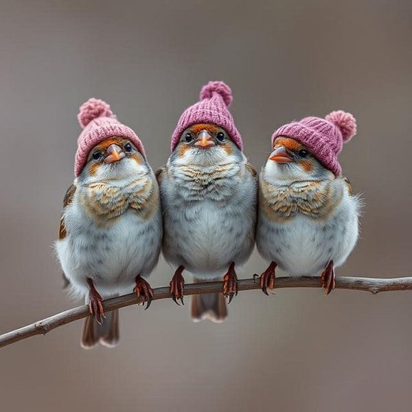 Some house sparrows on a branch wearing hats. by J.a Dijkstra