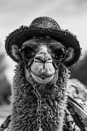 Schwarz-Weißes Portrait Eines Kamels Mit Hut Und Brille von Poster Art Shop