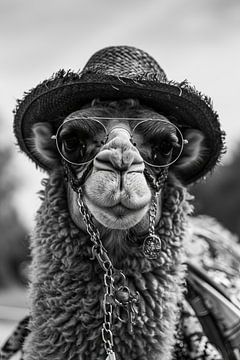 Zwart-wit portret van een kameel met hoed en bril van Felix Brönnimann