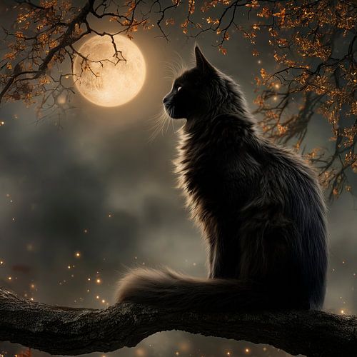A black cat in the golden moonlight