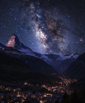 Nachtelijke hemel: Zwitsers Alpenpanorama van fernlichtsicht