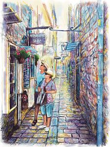 Straatje in Budva, Montenegro. Tekening.